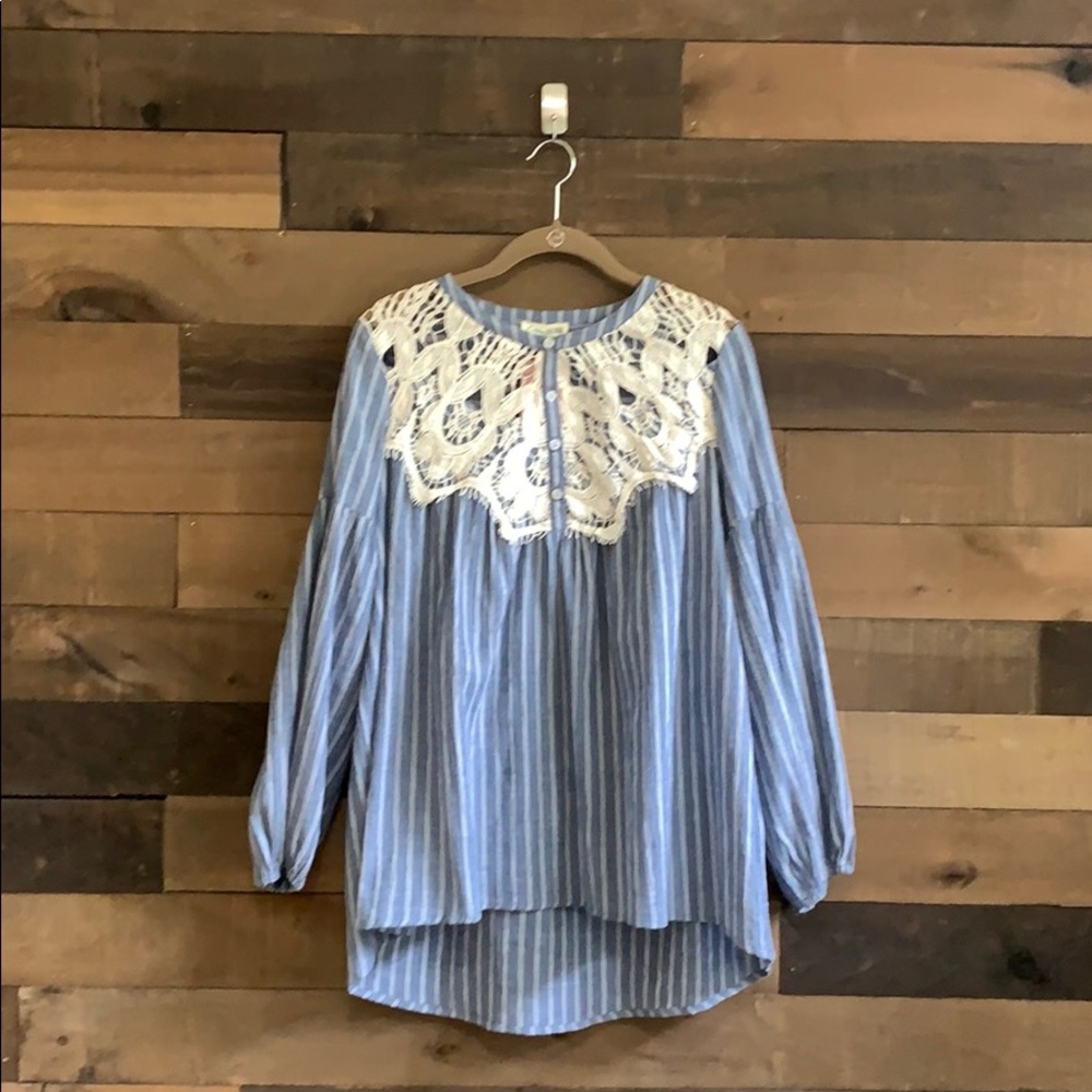 Cotton Bleu Chambray Striped Lace Yoke Tunic